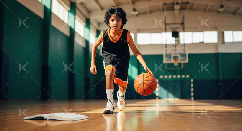 Focused Boy Dribbles Basketball on Court, Open Book on Floor