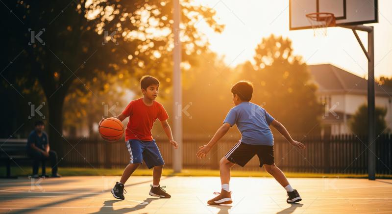 Boys Playing Basketball on Outdoor Court at Golden Hour