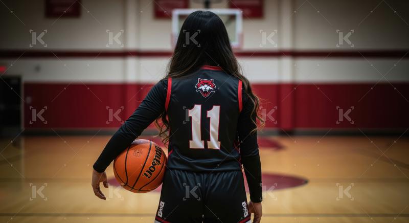 Female basketball player holding ball on court.