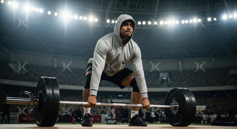 Focused Weightlifter Prepares for Barbell Lift in Stadium