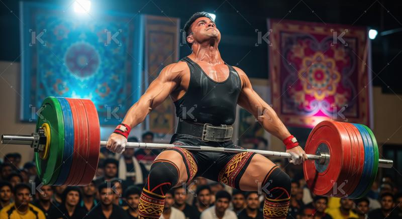 Muscular Man Powerlifting Heavy Barbell in Intense Competition