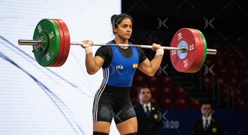 Strong Indian Weightlifter Focused on Barbell During Competition