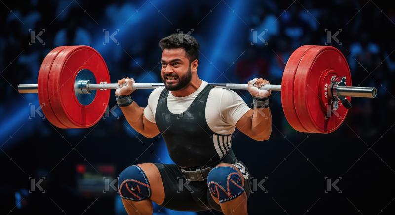 Indian Weightlifter Squats Heavy Barbell with Intense Focus