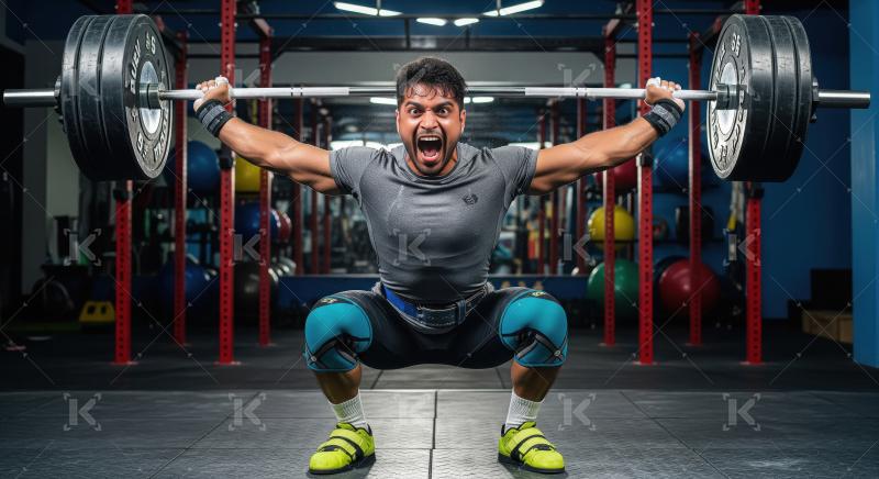 Intense Male Weightlifter Screaming During Heavy Barbell Squat L