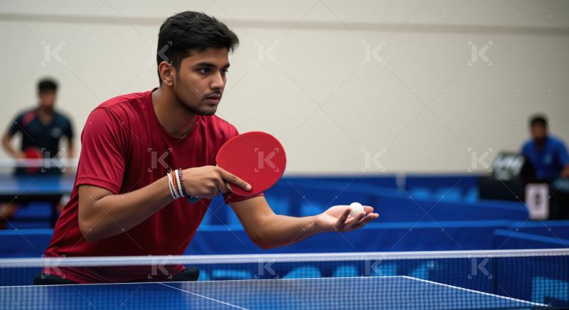 Focused Young Man Prepares Table Tennis Serve with Red Paddle