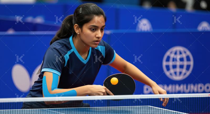 Focused Young Woman Playing Table Tennis with Kinesiology Tape