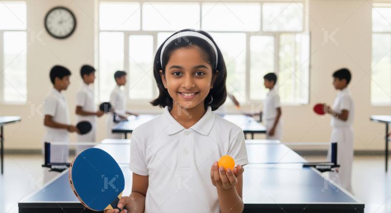 Joyful Indian Student Holding Table Tennis Racket and Ball