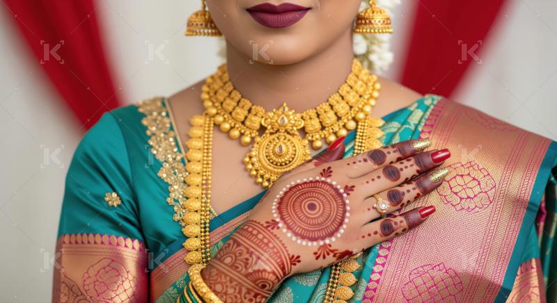 South Indian Bride Adorned in Traditional Gold Jewelry and Saree