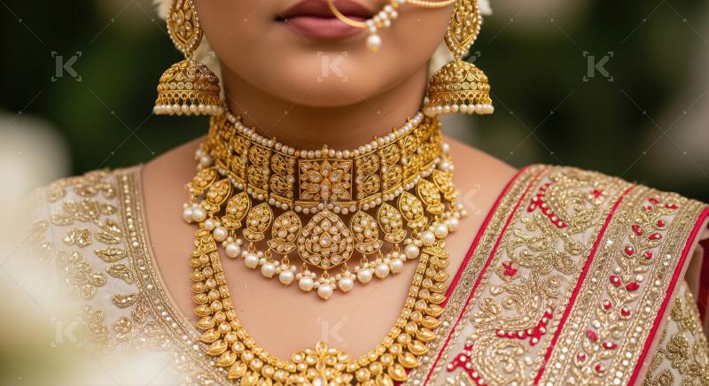 Indian Bride Adorned with Exquisite Gold Jewelry and Traditional