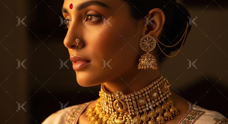 Beautiful Indian Woman Adorned in Exquisite Gold Traditional Jew