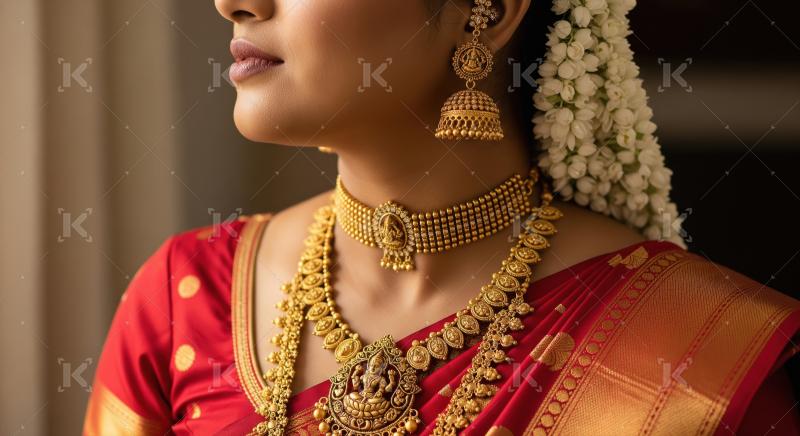 South Indian Woman Adorned in Traditional Gold Jewelry and Red S
