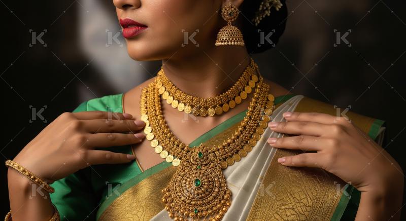 Traditional South Indian Woman Adorned in Exquisite Gold Jewelry