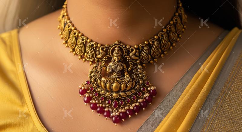 Traditional Indian Gold Necklace with Lakshmi Pendant and Ruby B