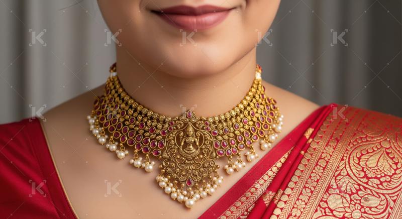 Indian Woman Adorned with Traditional Gold Ruby Pearl Necklace