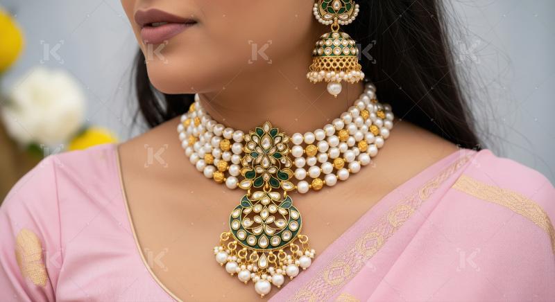 Elegant Indian woman showcases traditional pearl gold and green