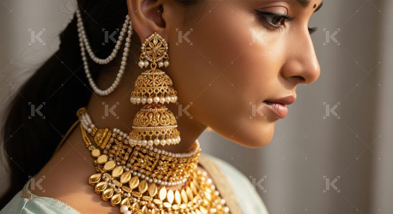 Elegant Indian Woman Adorned in Exquisite Traditional Gold Pearl
