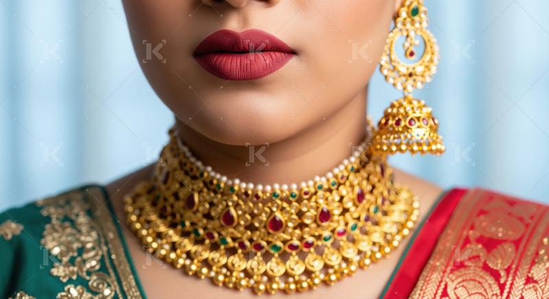 Beautiful Indian Woman Adorned in Traditional Gold Jewelry and R