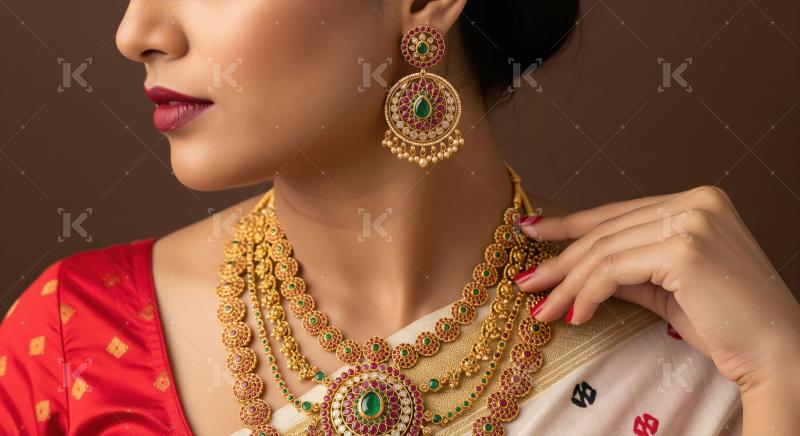 Indian Woman Adorned in Traditional Gold Ruby Emerald Jewelry Se