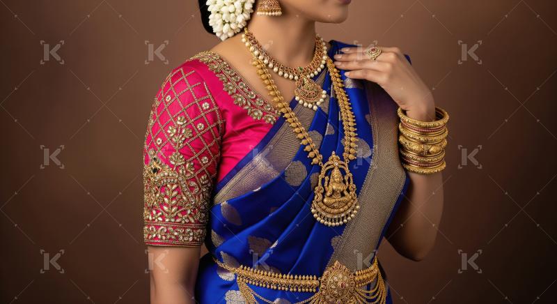 South Indian Woman Adorned in Traditional Saree and Gold Jewelry