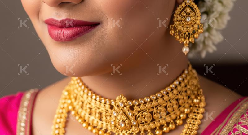 Beautiful Indian Woman Adorned in Traditional Gold Jewelry