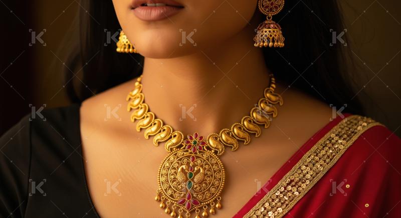 Elegant Indian Woman Displays Exquisite Gold Jewelry and Traditi