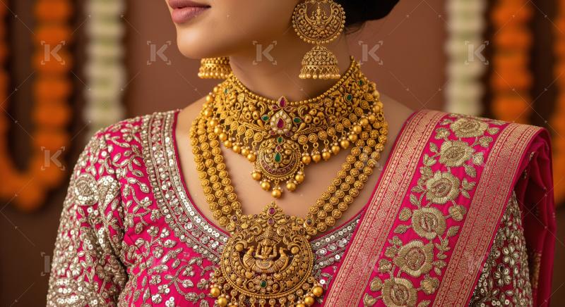 Indian Bride Adorned in Exquisite Gold Jewelry and Pink Saree