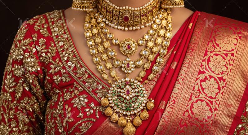 Ornate Indian Gold Jewelry Set with Red Saree Blouse