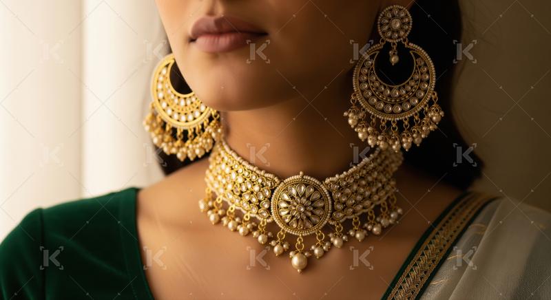 Woman wearing traditional Indian gold pearl choker and earrings
