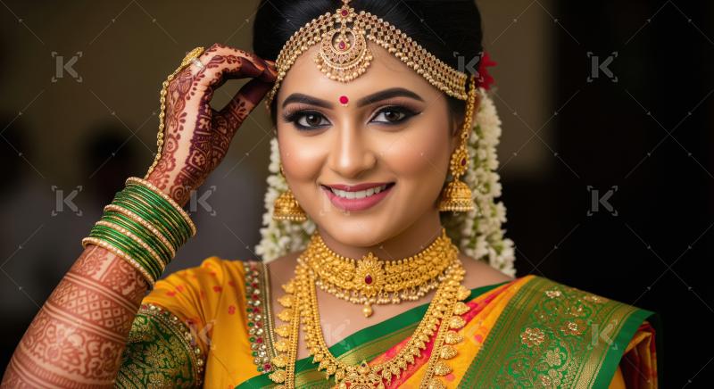 Beautiful Indian Bride Adorned in Traditional Gold Jewelry