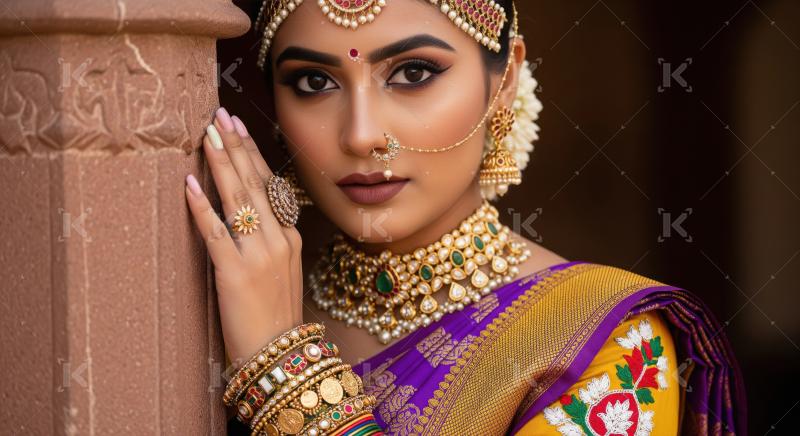 Stunning Indian Bride in Traditional Attire Adorned with Gold Je