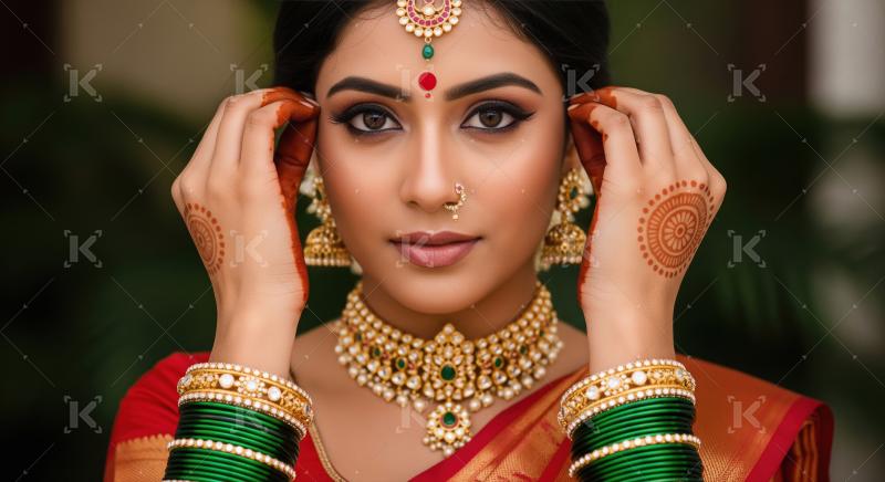 Beautiful Indian Bride Adorned with Traditional Gold and Green J