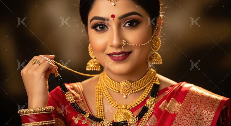 Elegant Indian Woman Adorned in Traditional Gold Jewelry and Red