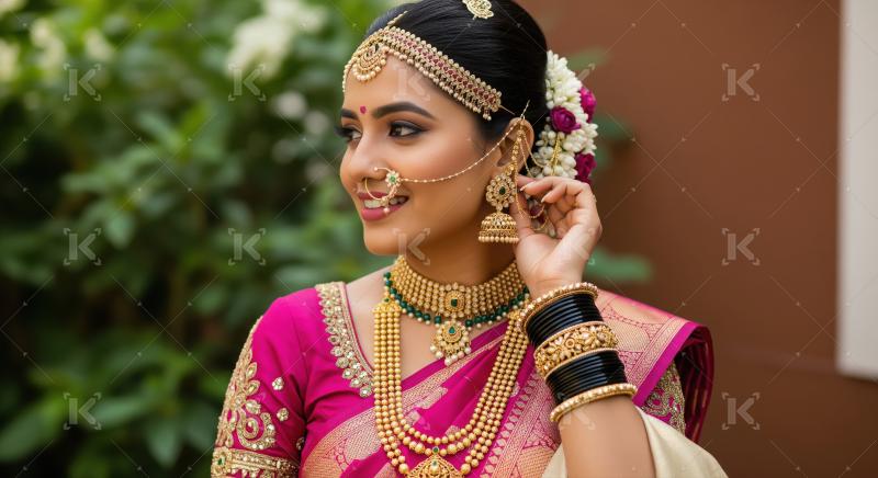 Beautiful Indian bride adorned in traditional jewelry and pink s