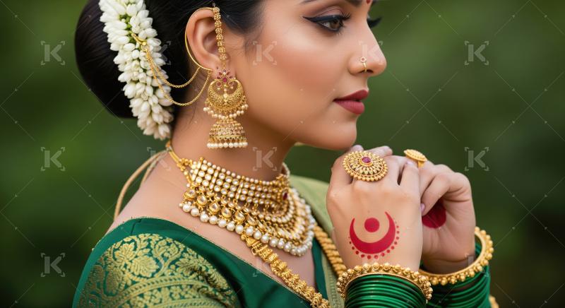 Elegant Indian Bride Adorned in Exquisite Traditional Gold Jewel