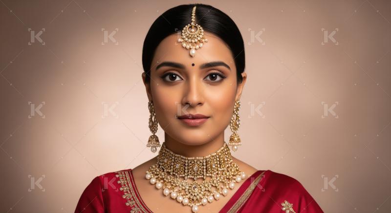 Elegant Indian Woman Adorned in Traditional Gold Pearl Jewelry