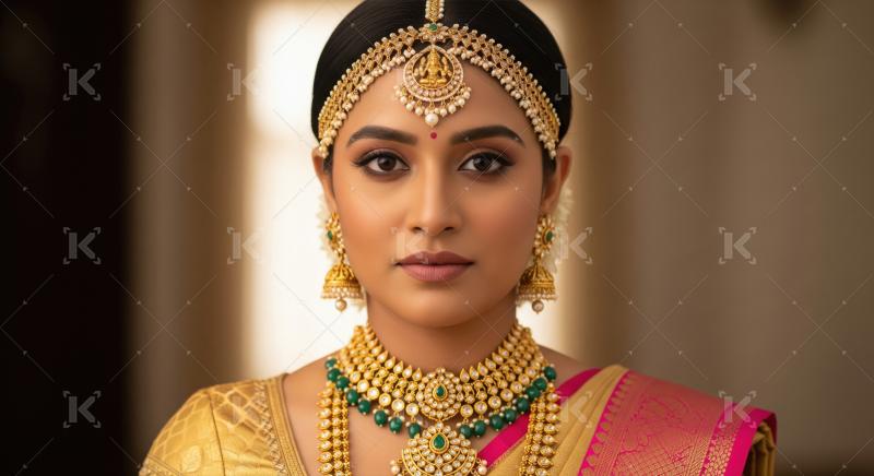 Beautiful South Indian Bride Adorned in Traditional Gold Jewelry