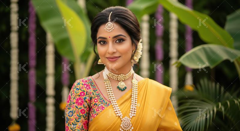 Elegant Indian Bride in Yellow Saree with Traditional Gold Jewel