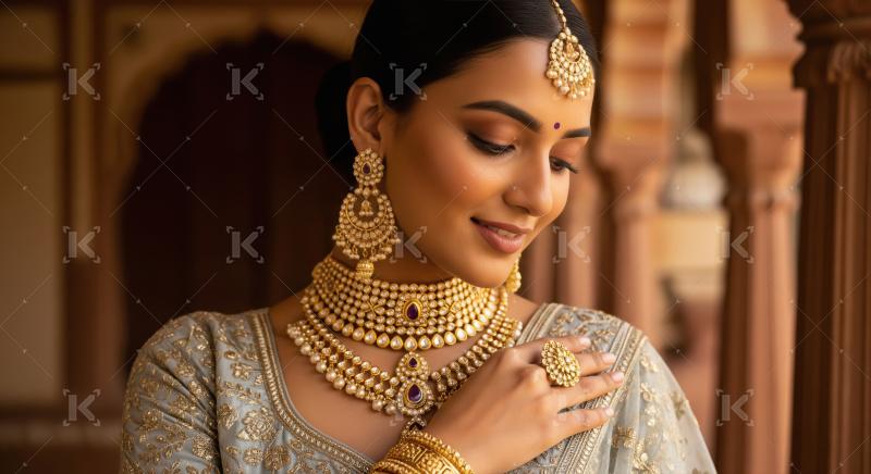 Elegant Indian Woman Adorned in Exquisite Traditional Gold Jewel