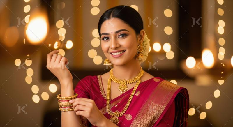 Smiling Indian woman in traditional saree and gold jewelry.