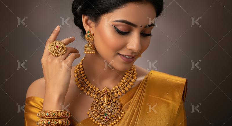 Beautiful Indian woman showcasing traditional antique gold jewel