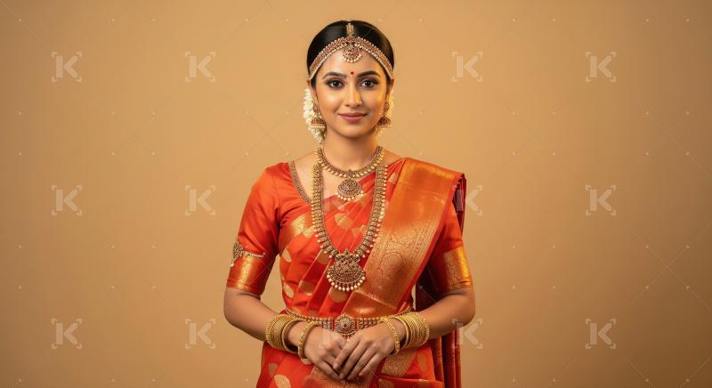 Beautiful South Indian Woman in Traditional Silk Saree and Templ