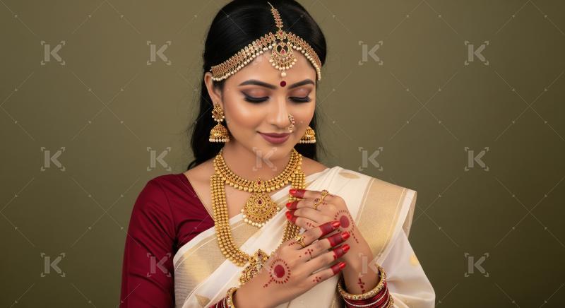 Indian Bride Adorned in Traditional Gold Jewelry and Saree