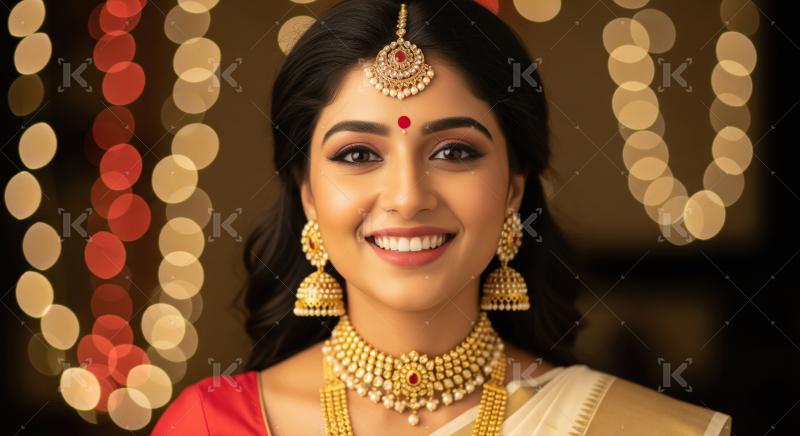 Beautiful Indian Woman in Traditional Gold Jewelry Smiling