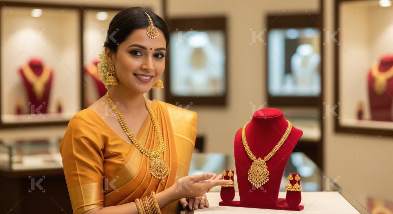Elegant Indian Woman Showcasing Traditional Gold Jewelry in Stor