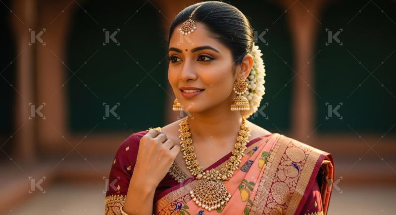 Beautiful Indian Bride in Traditional Saree and Gold Jewelry