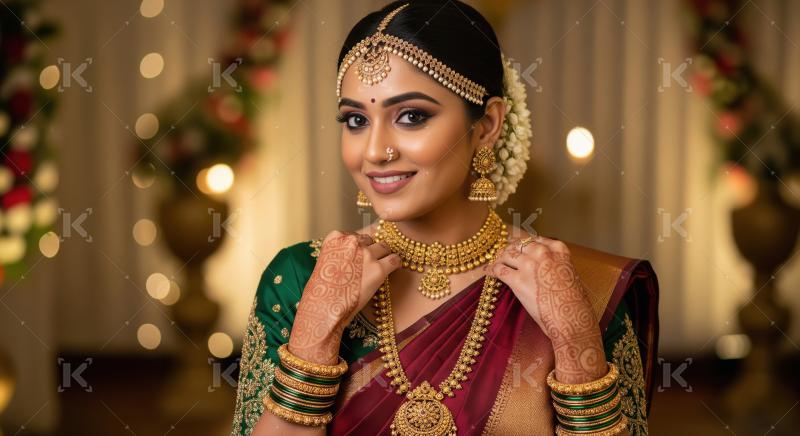 Beautiful Indian Bride Adorned in Traditional Gold Jewelry, Smil