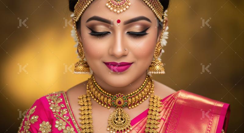 Beautiful Indian Bride Adorned in Traditional Gold Jewelry