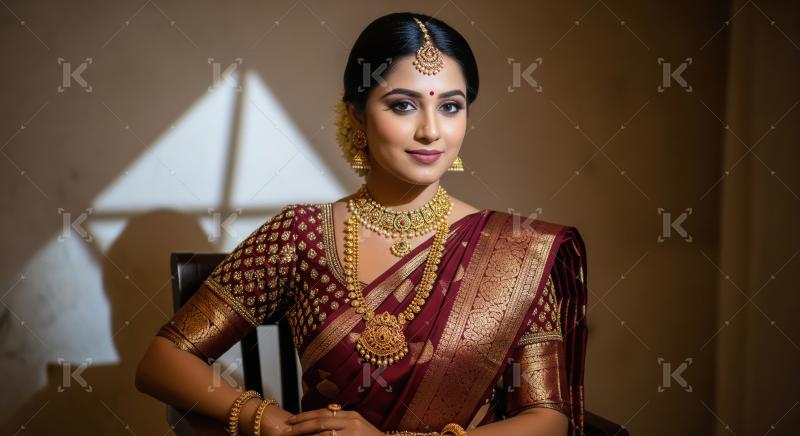 Radiant Indian Bride in Maroon Saree, Exquisite Gold Jewelry