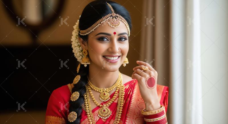 Smiling South Indian Bride Adorned in Traditional Red Saree and