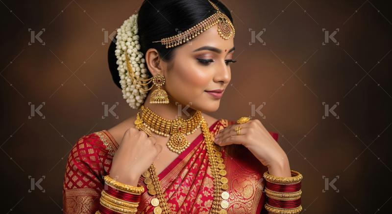 South Indian Bride Adorned in Traditional Gold Jewelry and Silk